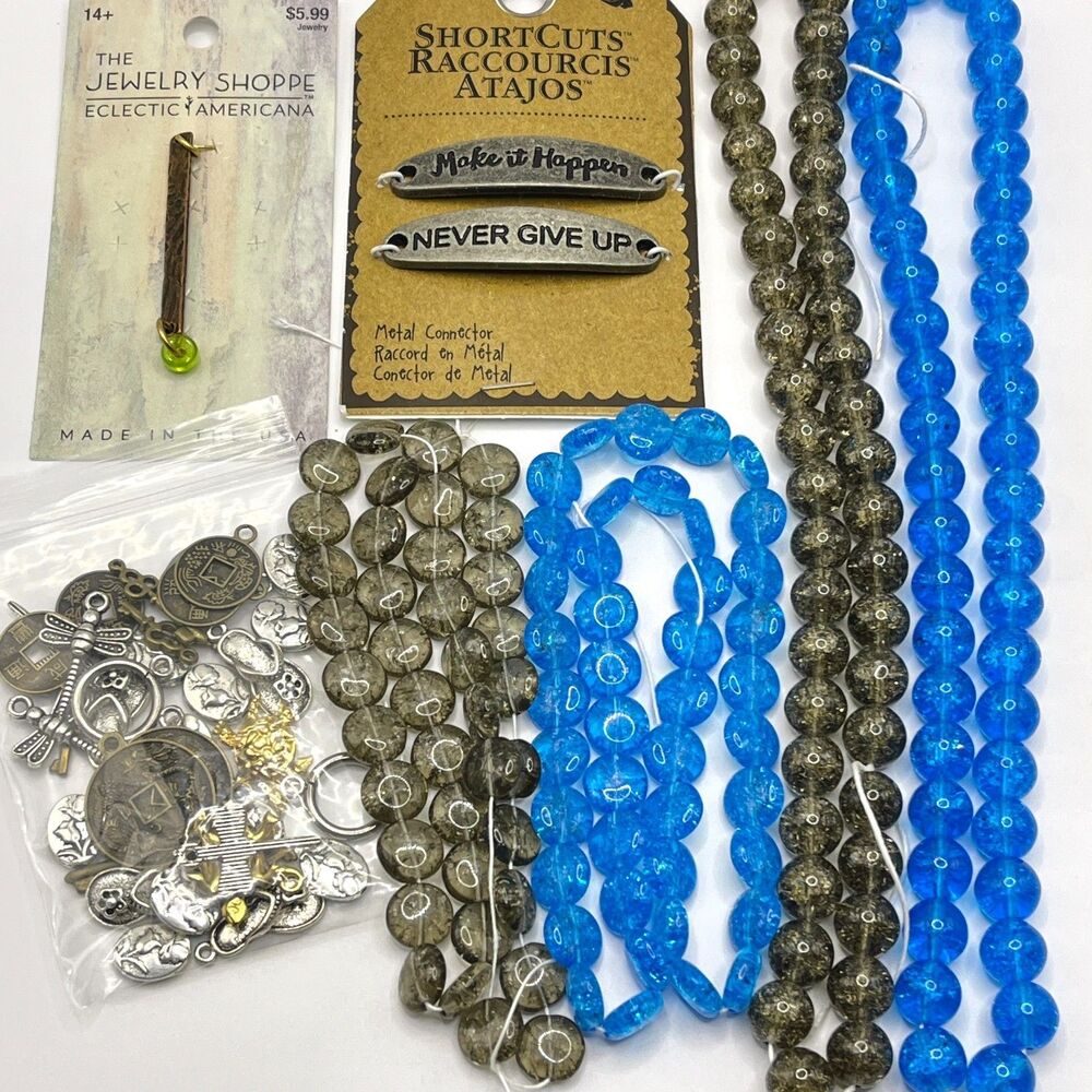 Czech Crackle Glass Beads Lot Blue Gray Coin Round Jewelry Making Supplies 10mm